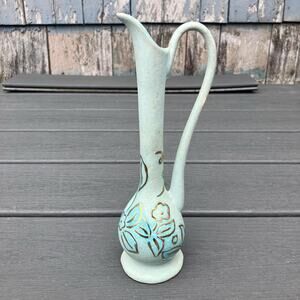 Vintage 1950s blue and metallic gold floral bud pitcher vase shabby chic cottage